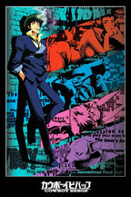 Cowboy Bebop poster features a blue-suited man, red-haired woman, blue face, pink figure, and corgi in bold collage colors.