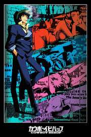 Cowboy Bebop poster features a blue-suited man, red-haired woman, blue face, pink figure, and corgi in bold collage colors.