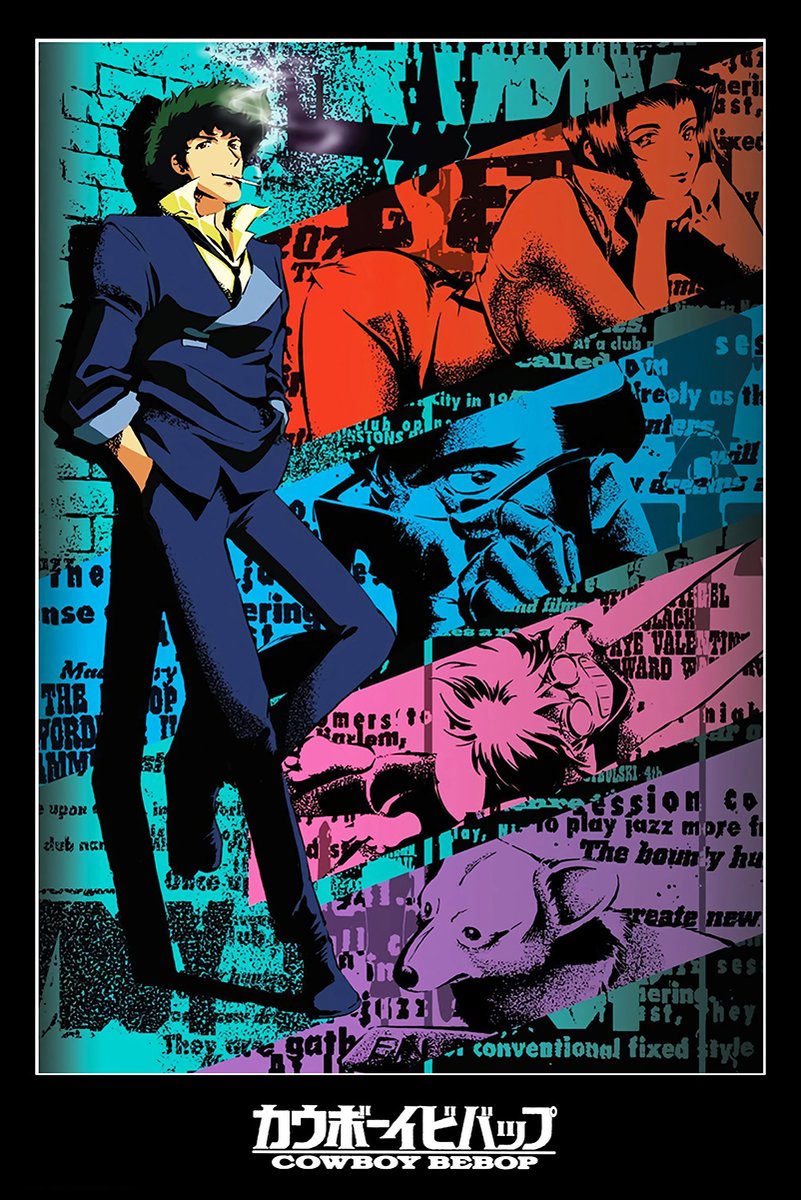 Cowboy Bebop poster features a blue-suited man, red-haired woman, blue face, pink figure, and corgi in bold collage colors.