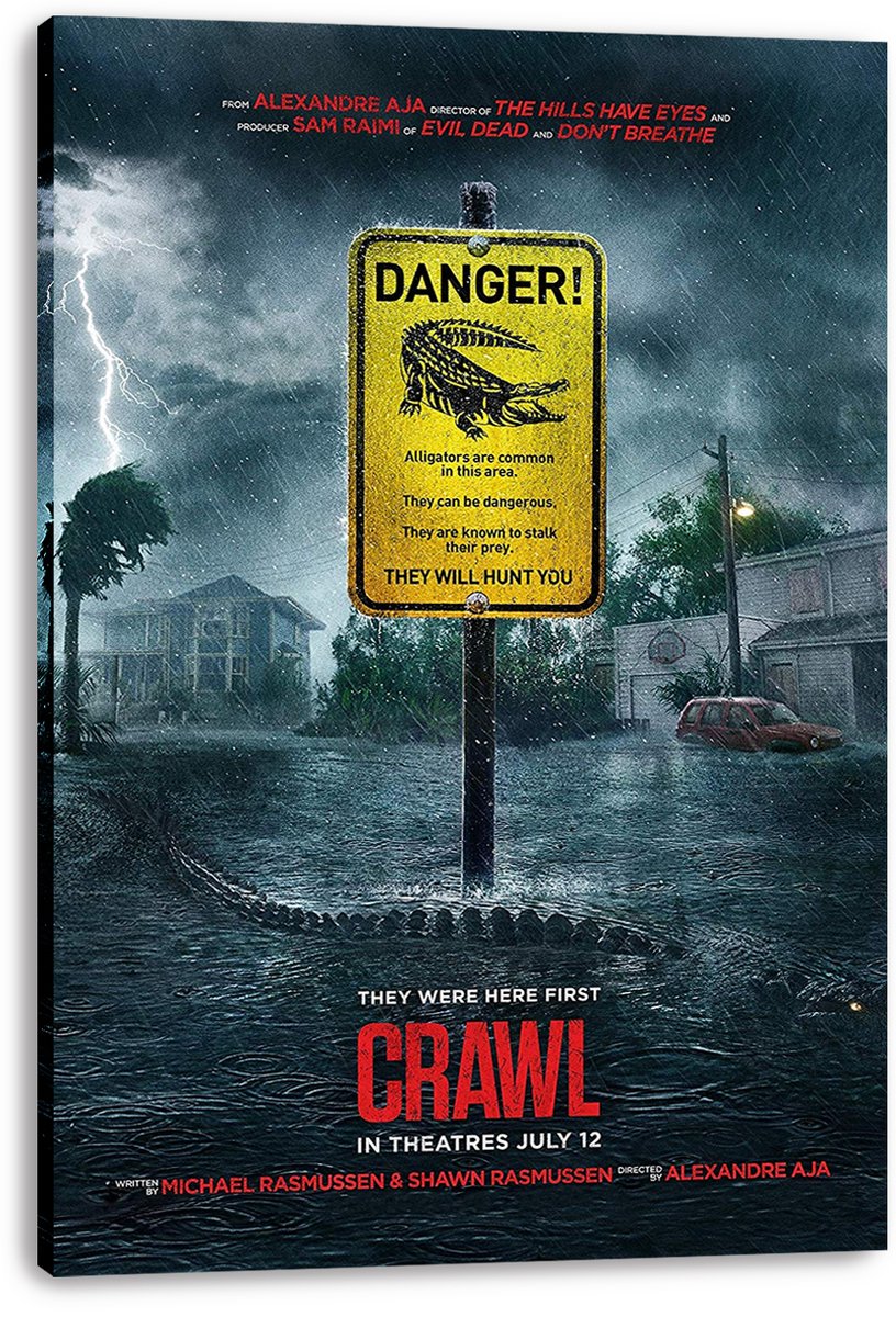 Crawl canvas wall art print displays a yellow alligator warning sign, lightning, flooded houses, a red car, and reptile tail.