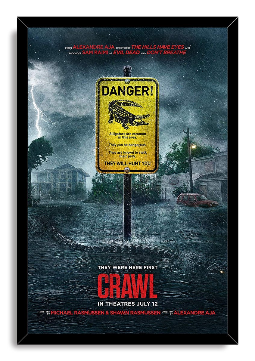 Crawl framed wall art print features a stormy flooded neighborhood, yellow danger sign, lightning, red car, and alligator tail.