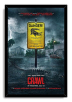 Crawl framed wall art print features a stormy flooded neighborhood, yellow danger sign, lightning, red car, and alligator tail.