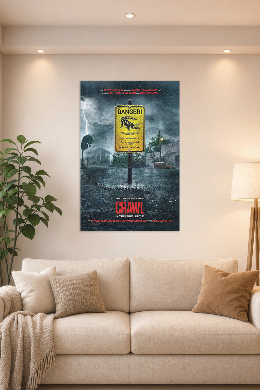 Crawl Movie Alligator Horror Flood in a bright living room above a beige sofa.