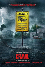Crawl movie poster depicts a yellow alligator danger sign above floodwater, storm clouds, lightning, homes, and a lurking tail.
