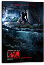 Crawl movie poster canvas print depicts a woman crouching in a flooded room as a large alligator rises beneath dark blue water.