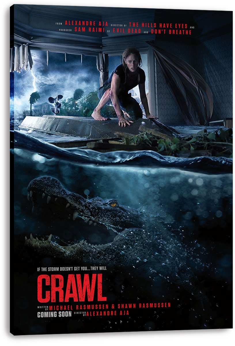 Crawl movie poster canvas print depicts a woman crouching in a flooded room as a large alligator rises beneath dark blue water.