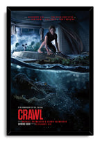 Crawl movie poster wall art print in a black frame depicts a woman above a menacing alligator amid hurricane floodwater.