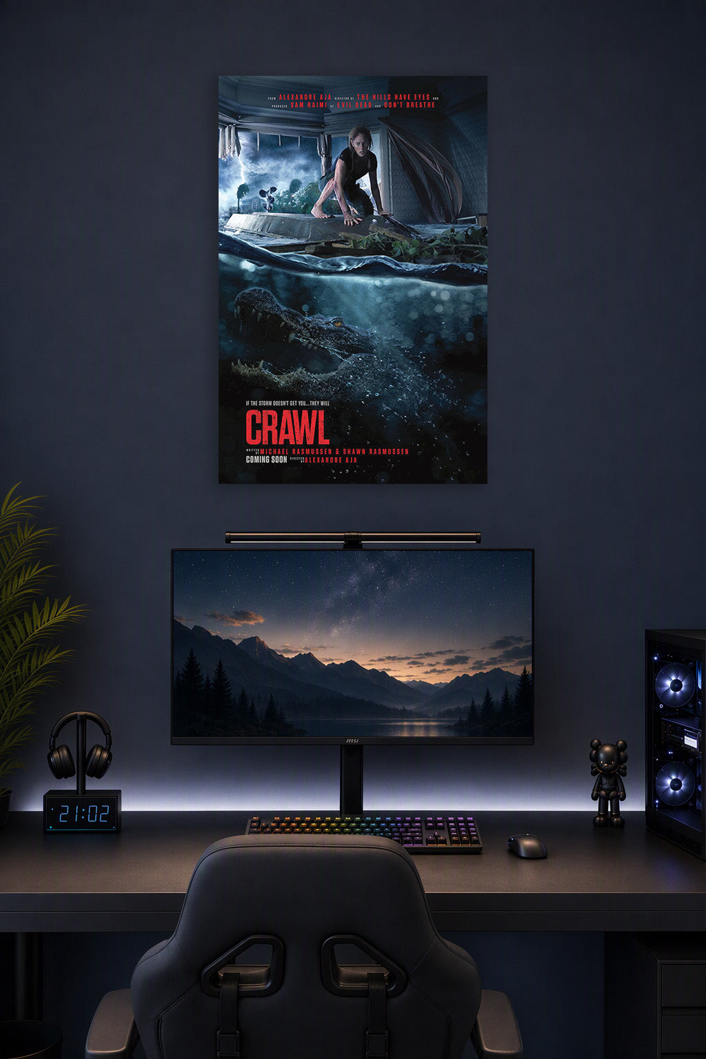 Crawl Movie Poster in a gaming desk setup above a monitor.