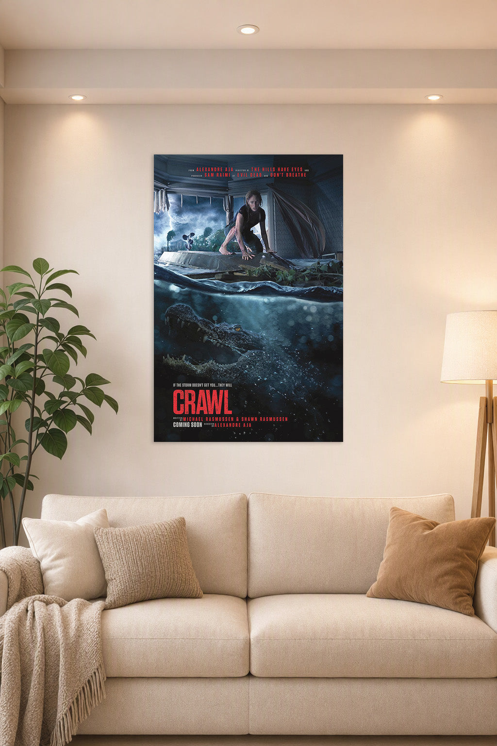 Crawl Movie Poster in a bright living room above a beige sofa.