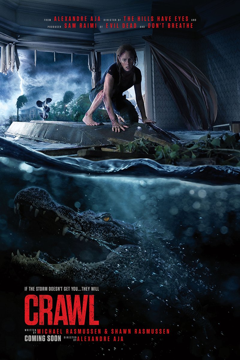 Crawl movie poster wall art print depicts a woman crouched on a flooded floor above a snarling alligator in stormy blue water.