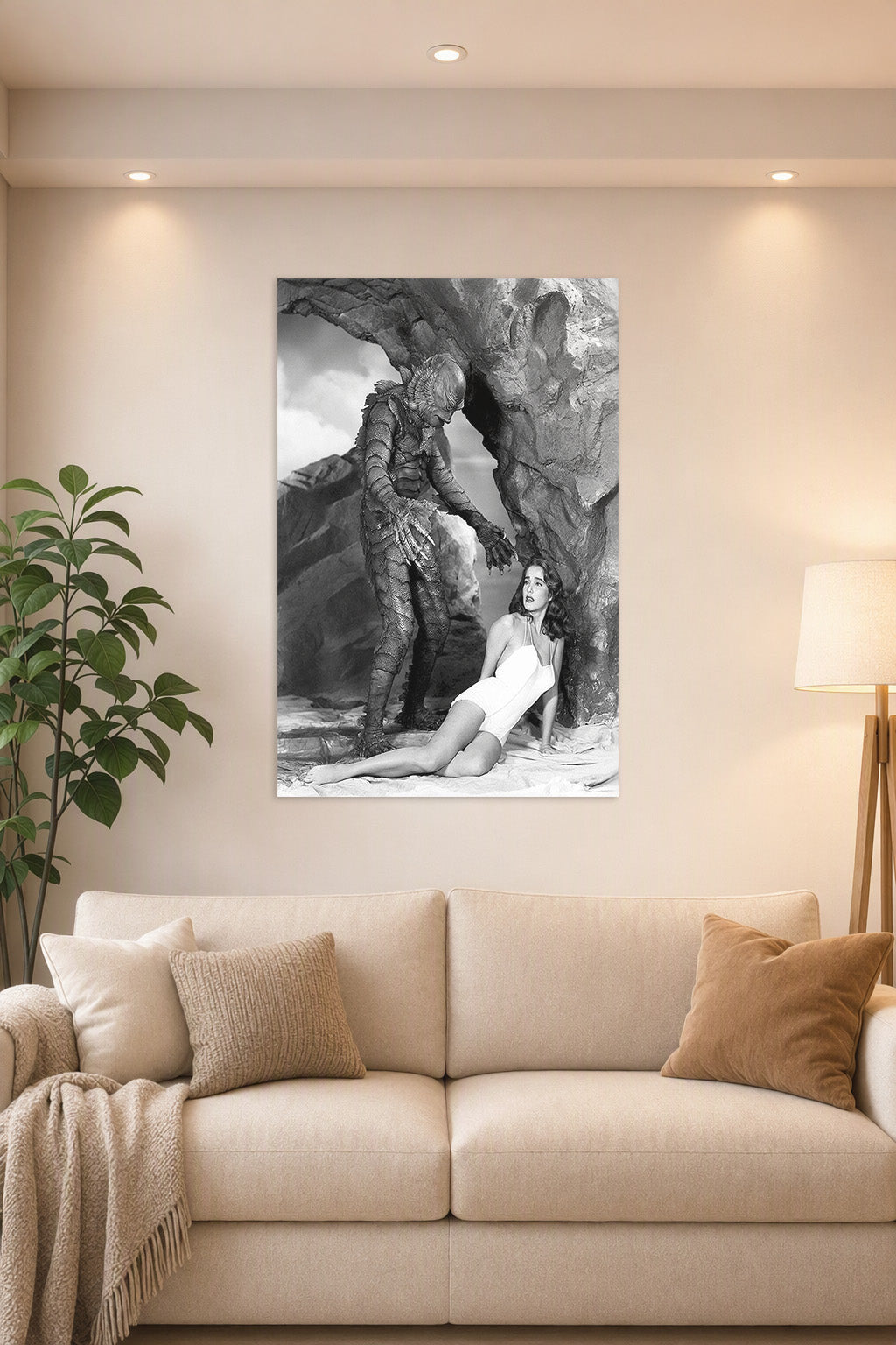 Creature From The Black Lagoon in a bright living room above a beige sofa.
