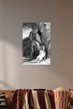 Creature From The Black Lagoon in a cozy movie room above a brown sofa with popcorn.
