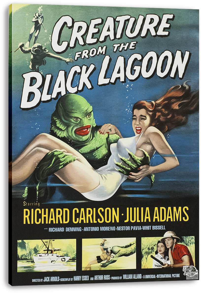 Creature from the Black Lagoon canvas wall art print with a green monster carrying a woman, blue water backdrop, and yellow credits.