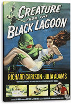 Creature from the Black Lagoon canvas wall art print with a green monster carrying a woman, blue water backdrop, and yellow credits.