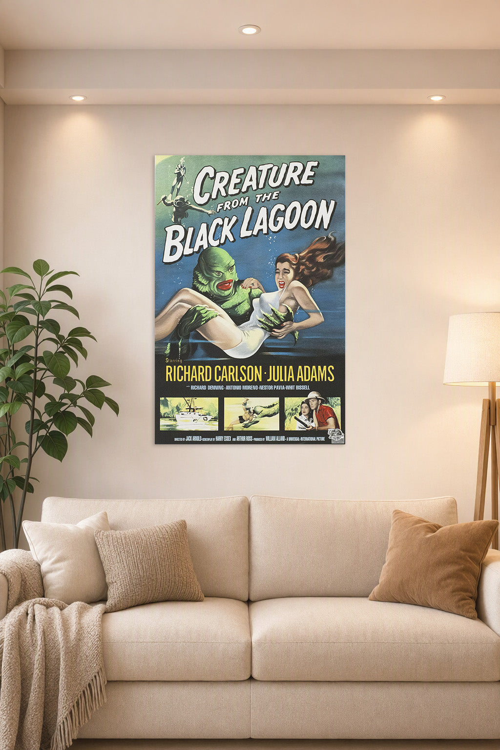 Creature from the Black Lagoon in a bright living room above a beige sofa.