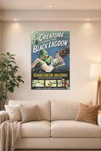 Creature from the Black Lagoon in a bright living room above a beige sofa.