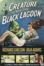 Creature from the Black Lagoon poster featuring a green Gill-man carrying a screaming woman underwater beneath bold white title text.
