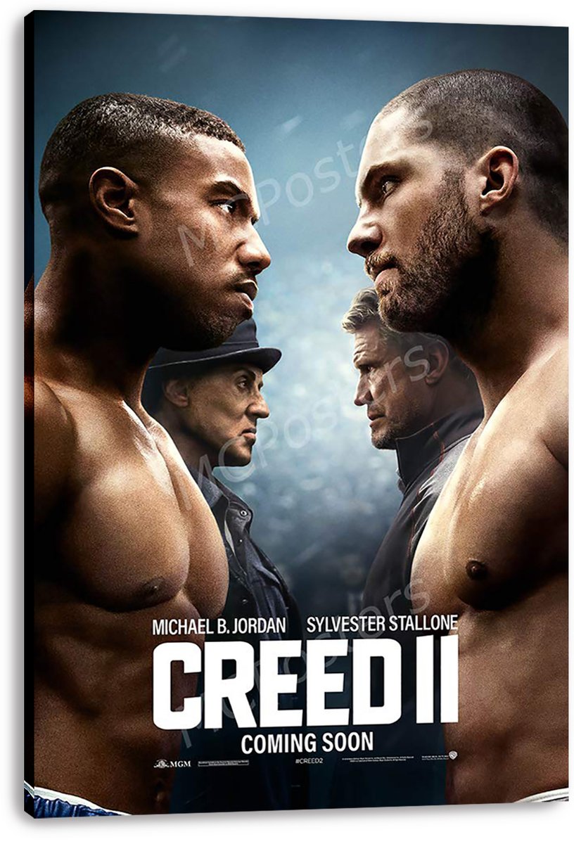 Creed II canvas wall art print displaying a tense face-off between two shirtless boxers with two older men in a blue-gray arena backdrop.