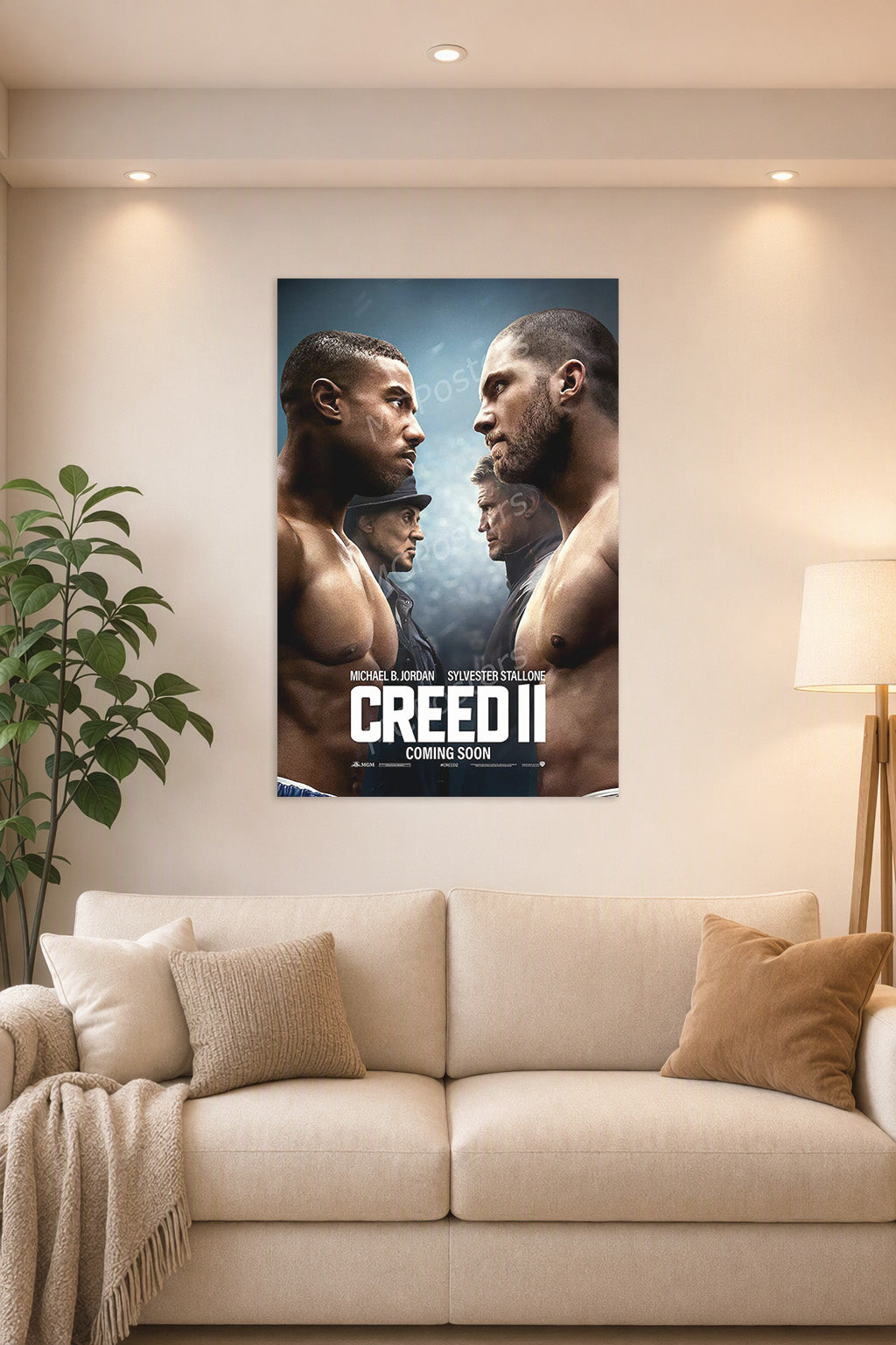 Creed II Movie in a bright living room above a beige sofa.