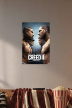 Creed II Movie in a cozy movie room above a brown sofa with popcorn.
