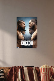 Creed II Movie in a cozy movie room above a brown sofa with popcorn.