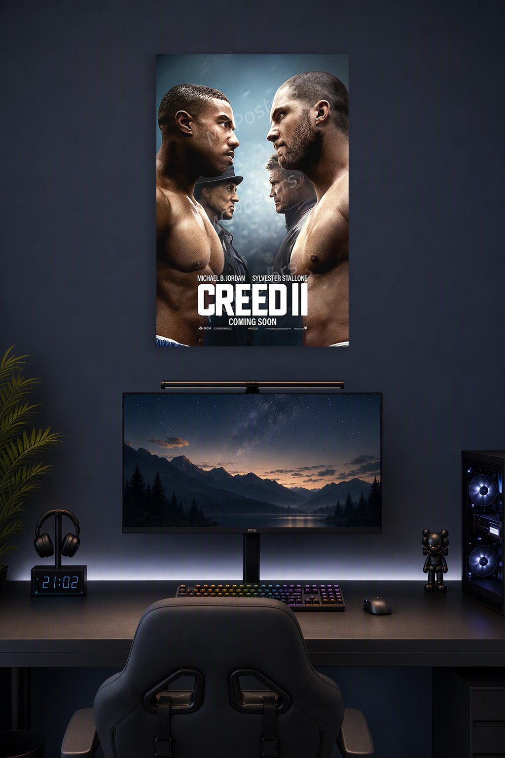 Creed II Movie in a gaming desk setup above a monitor.