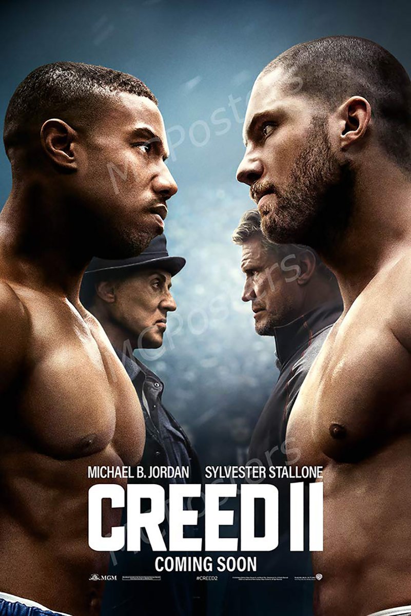 Creed II movie poster wall art print with two shirtless boxers facing off, mentors behind them, and bold white title text.