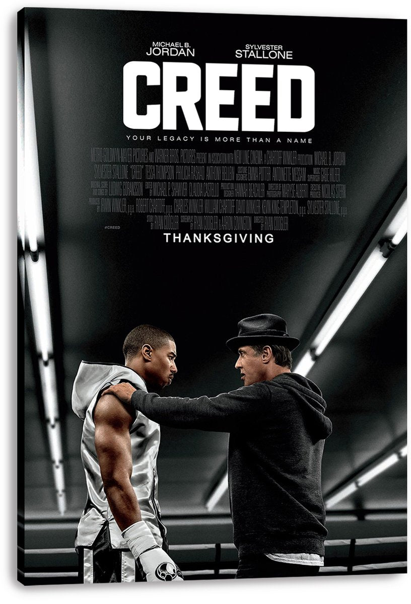 Creed canvas wall art print featuring Adonis Creed and Rocky Balboa in a boxing ring, with bold white title text.