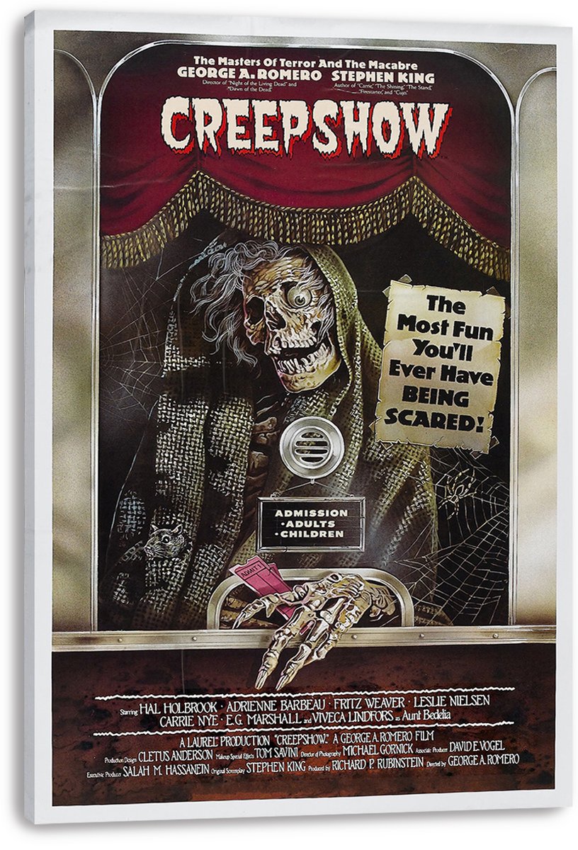 Creepshow canvas wall art print displays a skeletal usher behind an admission window, with red drapery, spiderwebs, and vintage credits.