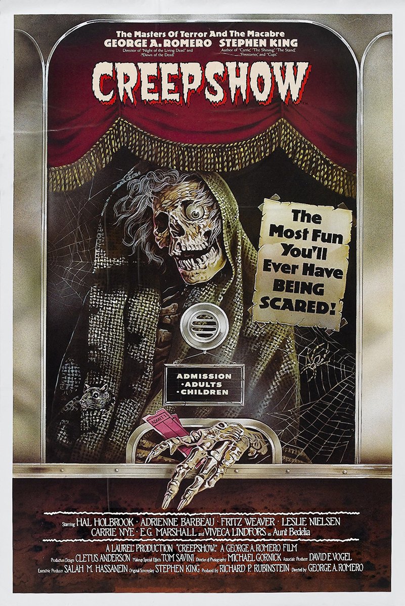 Creepshow movie poster wall art print features a hooded skeleton at a theater booth beneath red curtains and jagged white title text.