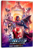 Crisis on Infinite Earths canvas wall art print presents a superhero ensemble with The Flash charging forward amid orange skies and lightning.