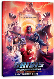 Crisis on Infinite Earths canvas wall art print presents a superhero ensemble with The Flash charging forward amid orange skies and lightning.