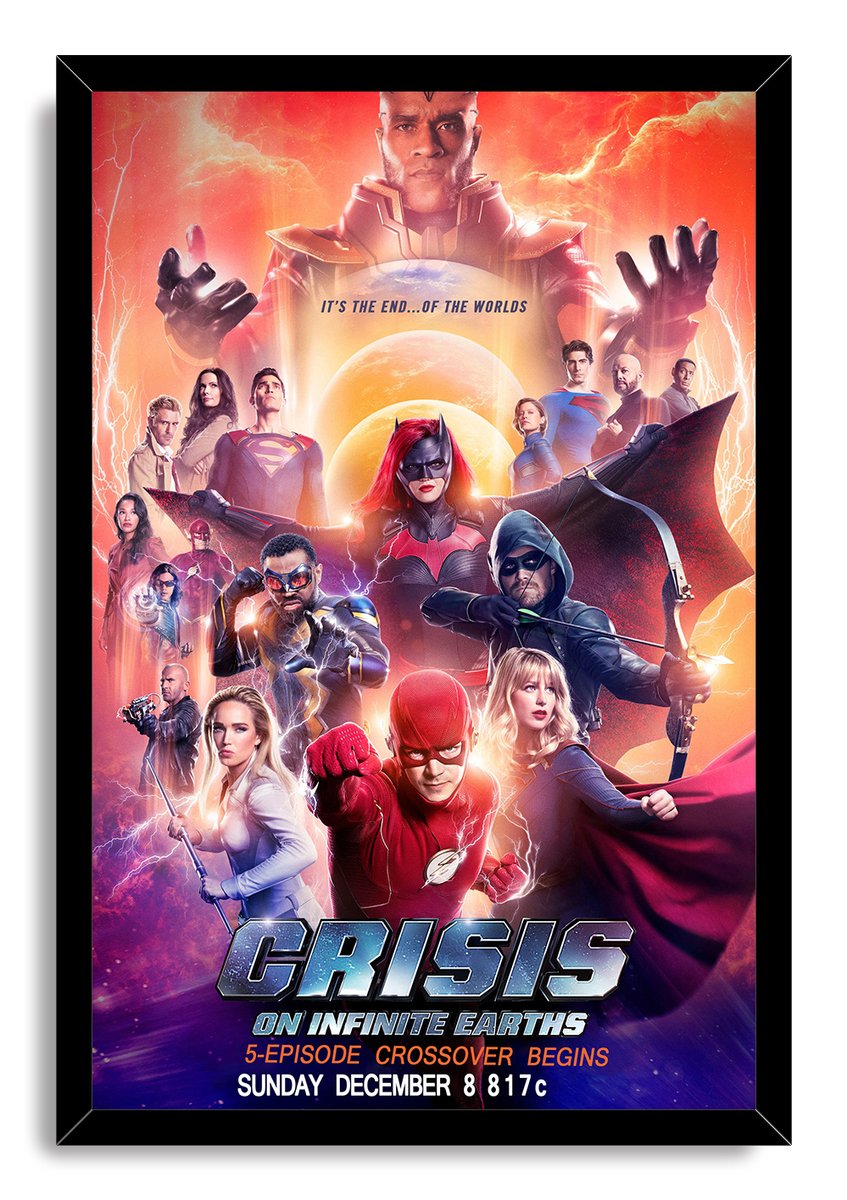 Crisis on Infinite Earths framed wall art print shows The Flash, Supergirl, Green Arrow and Batwoman against glowing planets and lightning.