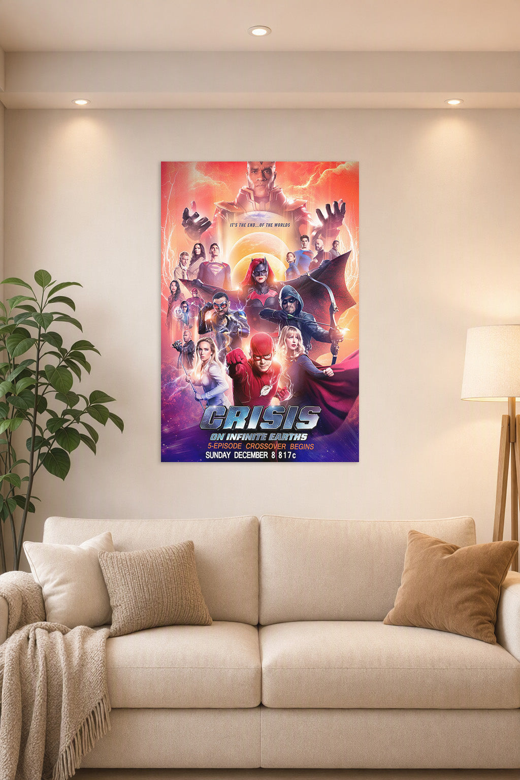 Crisis on Infinite Earths in a bright living room above a beige sofa.