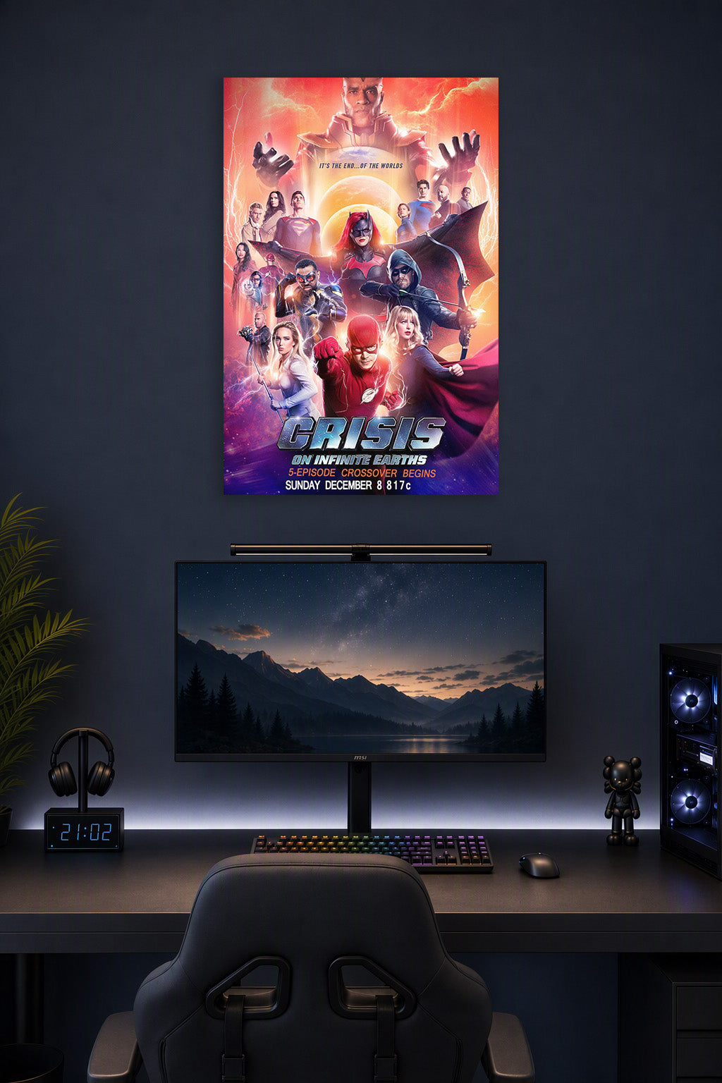 Crisis on Infinite Earths in a gaming desk setup above a monitor.
