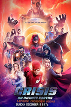 Crisis on Infinite Earths poster features The Flash, Supergirl, Green Arrow, Batwoman and heroes beneath a cosmic villain in orange lightning.