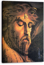 Crucifixion of Jesus canvas wall art print features Christ on a cross, an orange halo, shadowy crosses, and swirling faces.