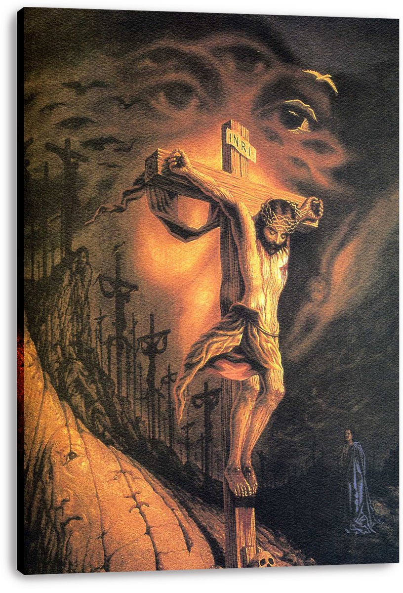 Crucifixion of Jesus canvas wall art print features Christ on a cross, an orange halo, shadowy crosses, and swirling faces.