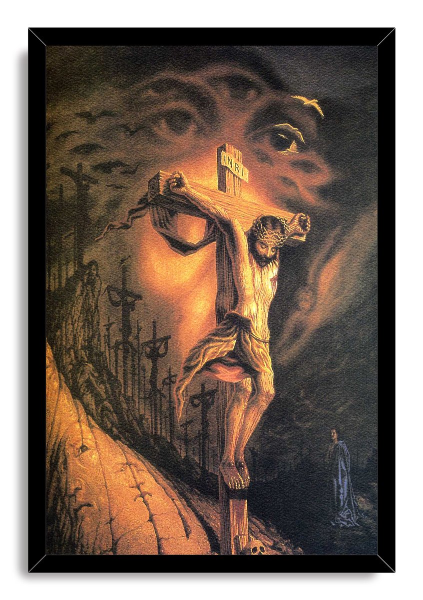 Crucifixion of Jesus framed wall art print portrays Christ on the cross amid dark clouds, birds, distant crosses, and warm amber light.