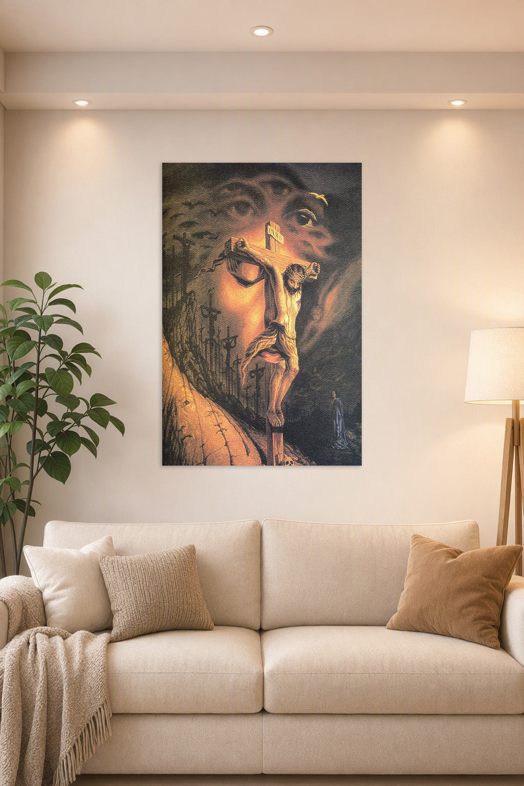 Crucifixion of Jesus in a bright living room above a beige sofa.