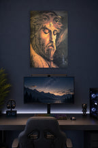 Crucifixion of Jesus in a gaming desk setup above a monitor.