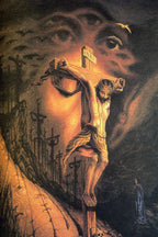 Crucifixion of Jesus wall art print depicts Christ on a glowing cross beneath clouded faces, birds, and distant crosses.