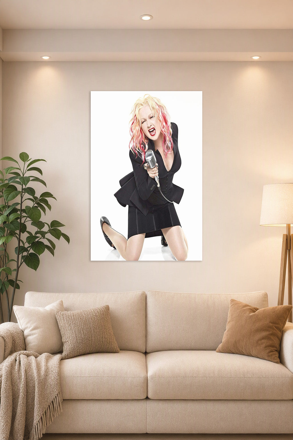 Cyndi Lauper in a bright living room above a beige sofa.