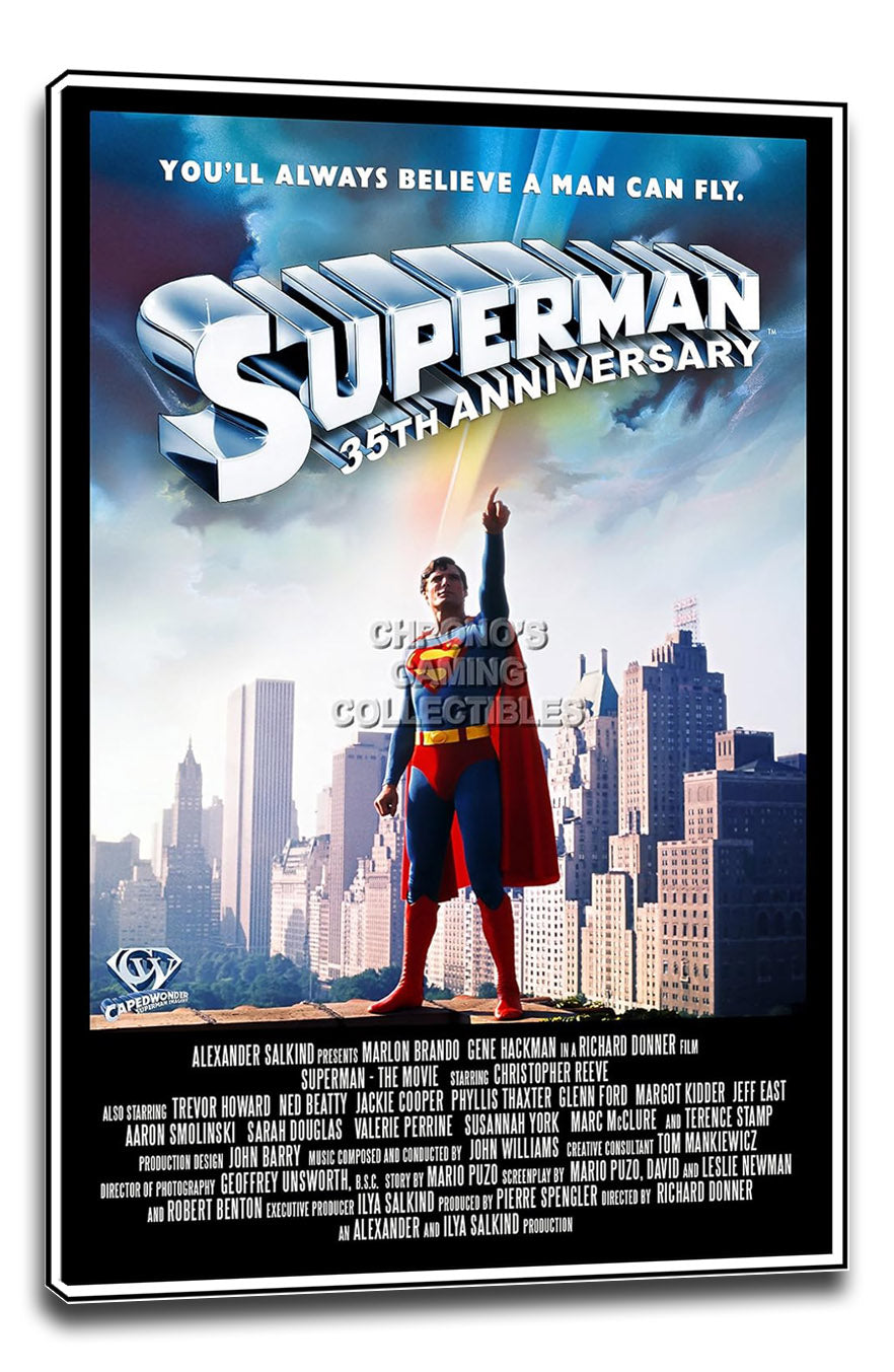 Superman 35th Anniversary wall art print displayed with a black-and-white border, featuring Superman over a sunlit city.
