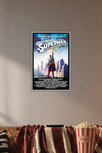 DC Superman 35th Anniversary Movie in a cozy movie room above a brown sofa with popcorn.