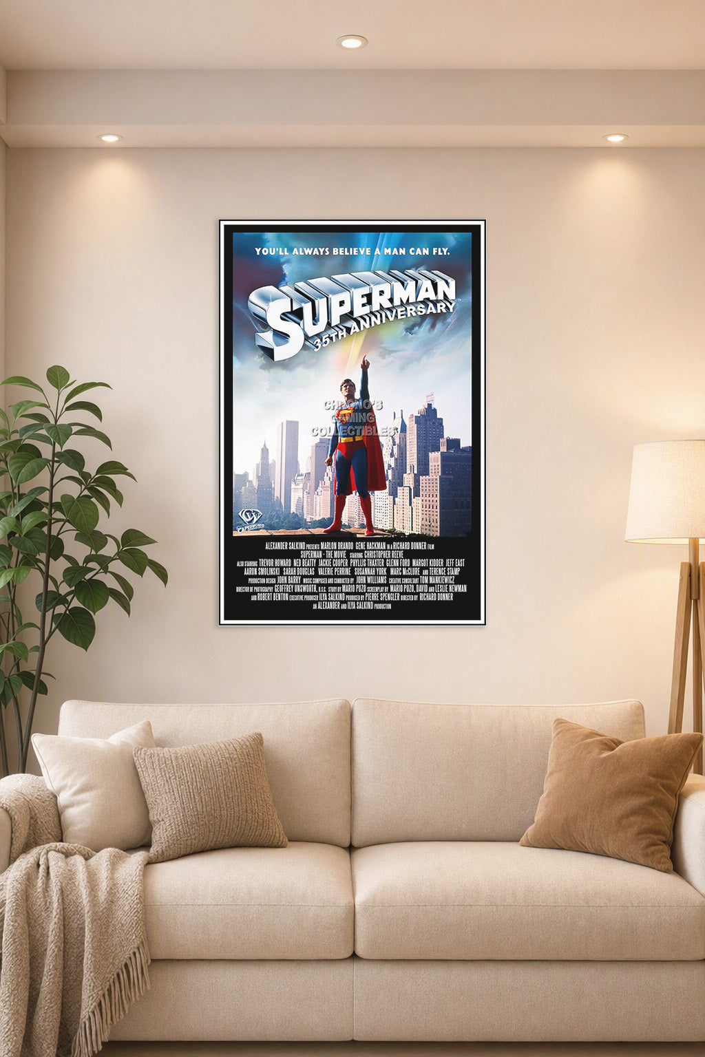 DC Superman 35th Anniversary Movie in a bright living room above a beige sofa.