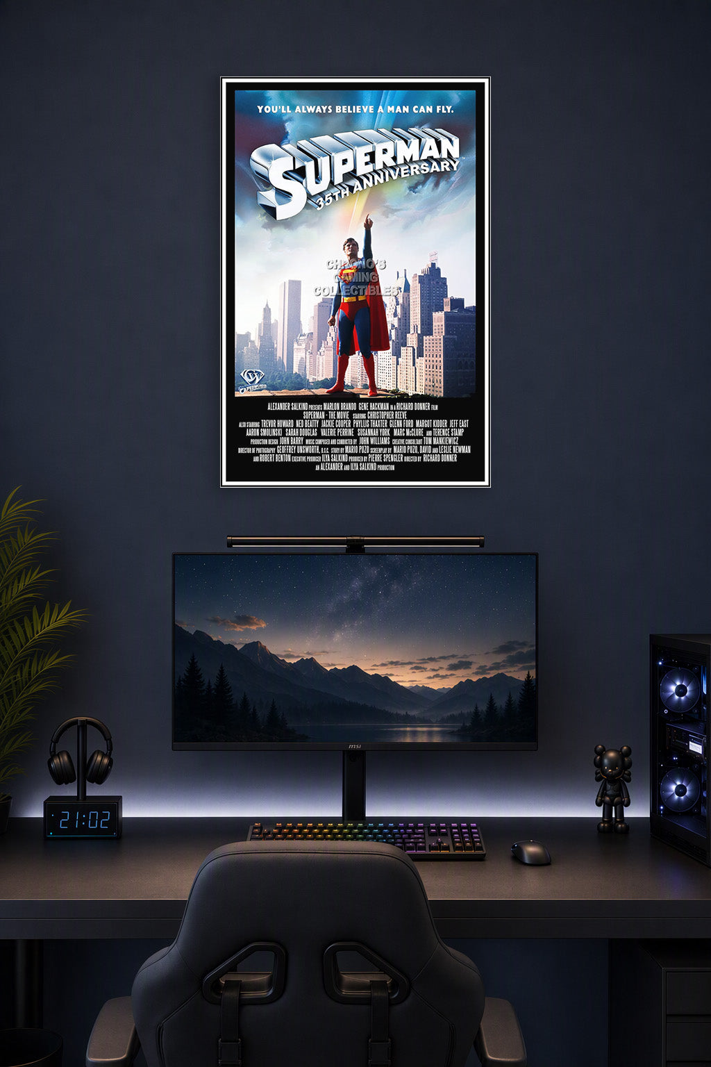 DC Superman 35th Anniversary Movie in a gaming desk setup above a monitor.