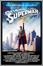 Superman 35th Anniversary poster with Superman raising his fist above a city skyline beneath metallic title lettering.