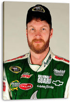 Dale Earnhardt Jr. canvas wall art print featuring a bearded driver in a green sponsor-logo racing suit and black cap.