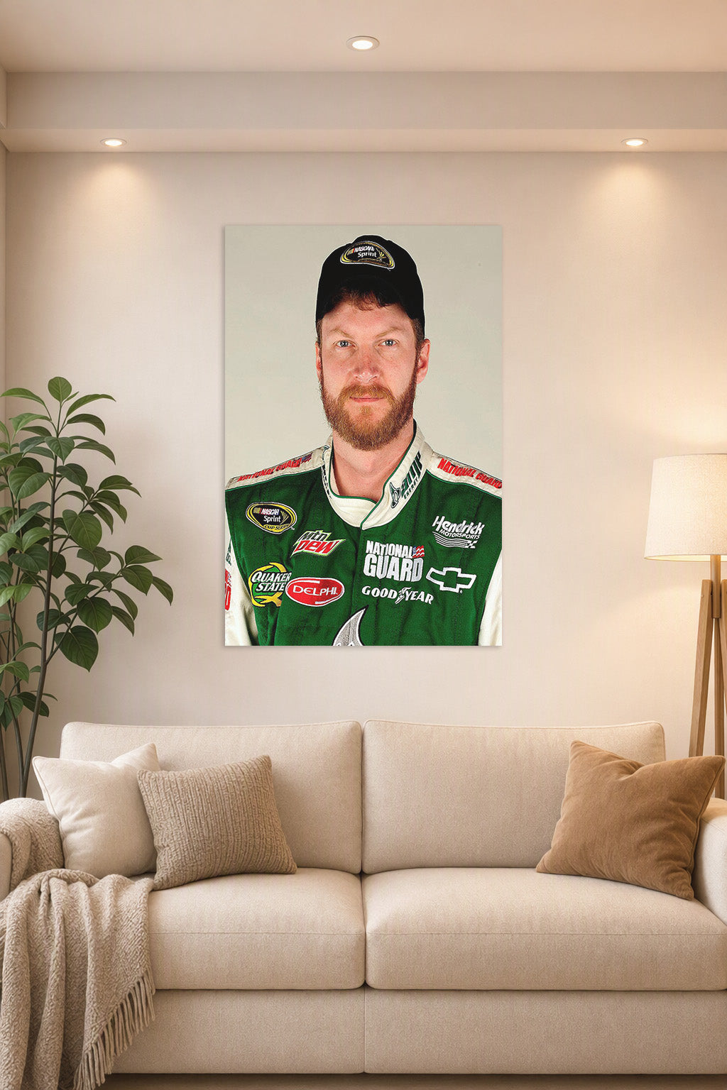 Dale Earnhardt Jr in a bright living room above a beige sofa.